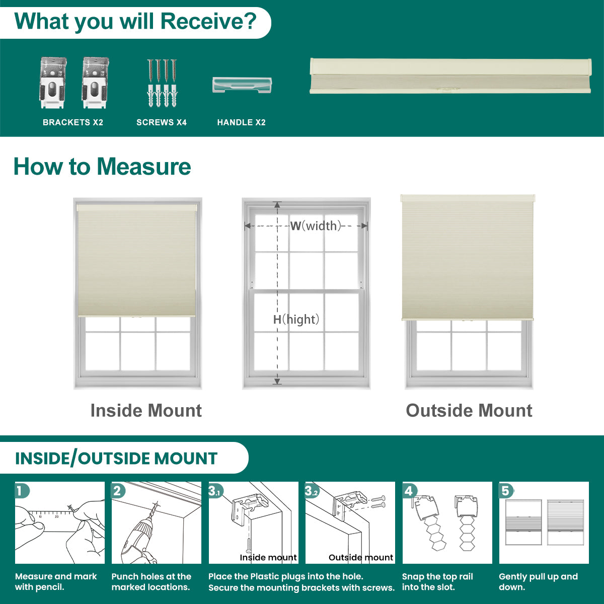 Berissa Classic Thermal Cordless Cellular Shades Noise Reduction installation guide with measuring instructions