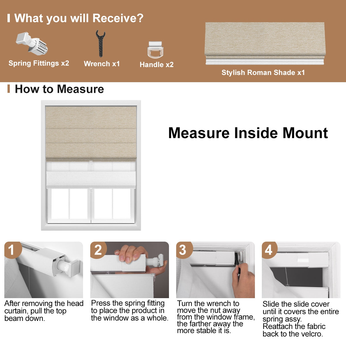 Berissa Double Shades HanDe Series Blackout and Semi View White Roman Shades measuring instructions and included items guide.
