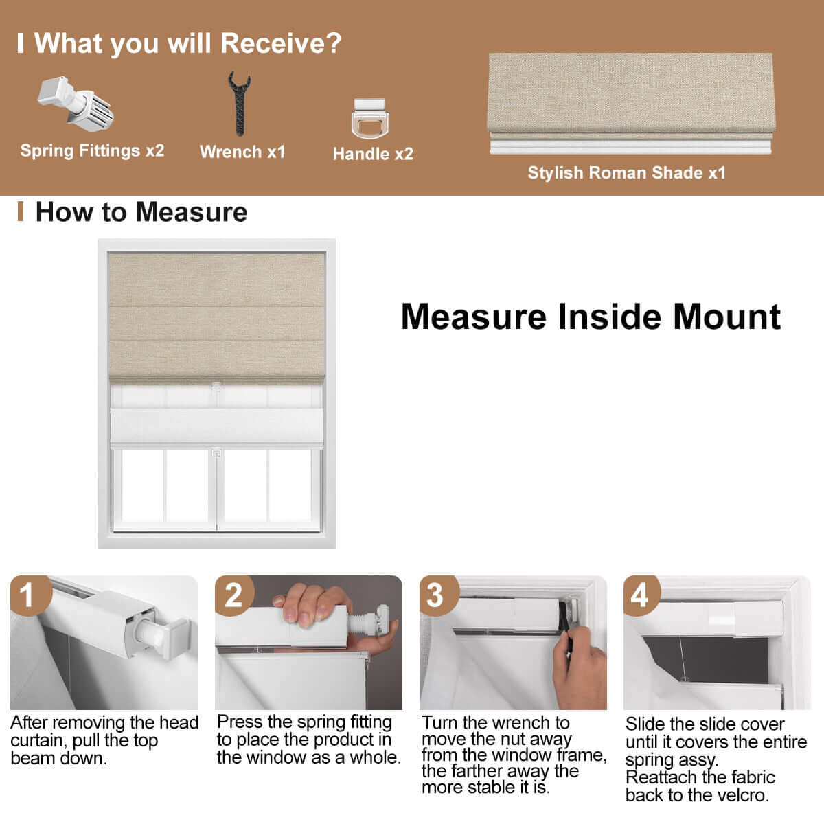 Berissa Double Shades HanDe Series Blackout and Semi View White Roman Shades: Installation & Hardware Diagram