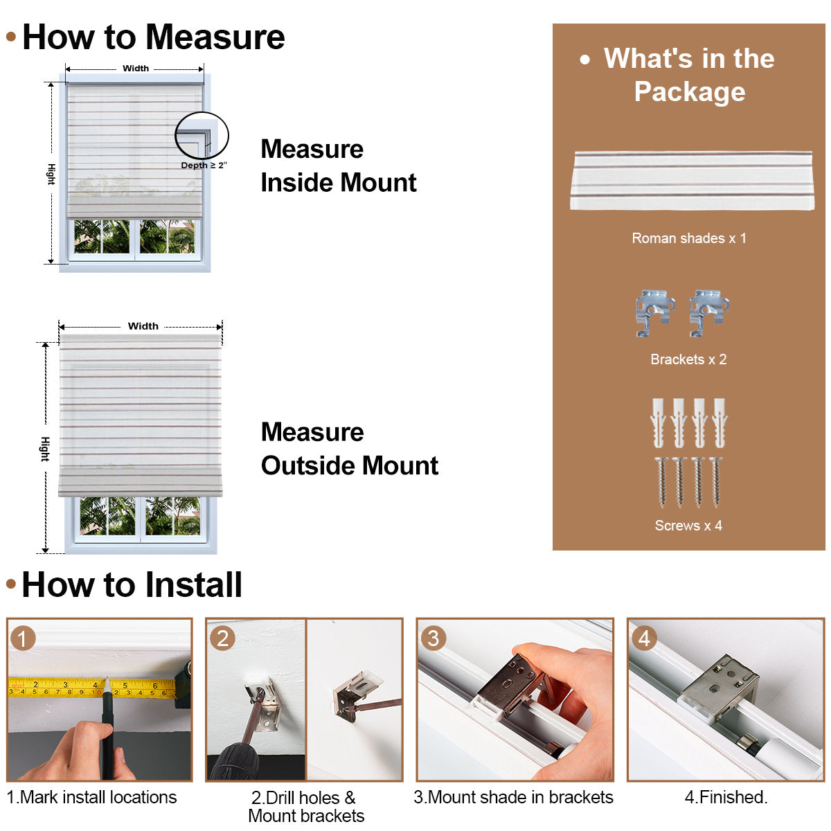 How to measure and install Berissa Canvas with Walnut Stripes Roman Shades, including inside and outside mount instructions.