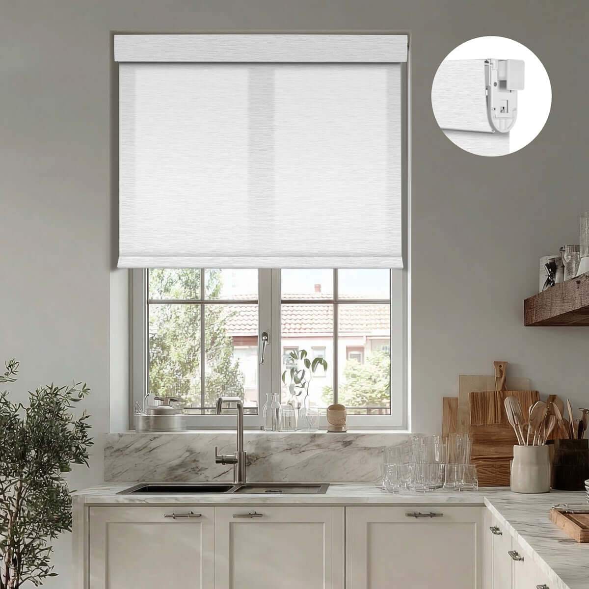 Berissa No Drill Light Filtering with Outside View Maze Jacquard Roller Blinds: Practical Application of Shades