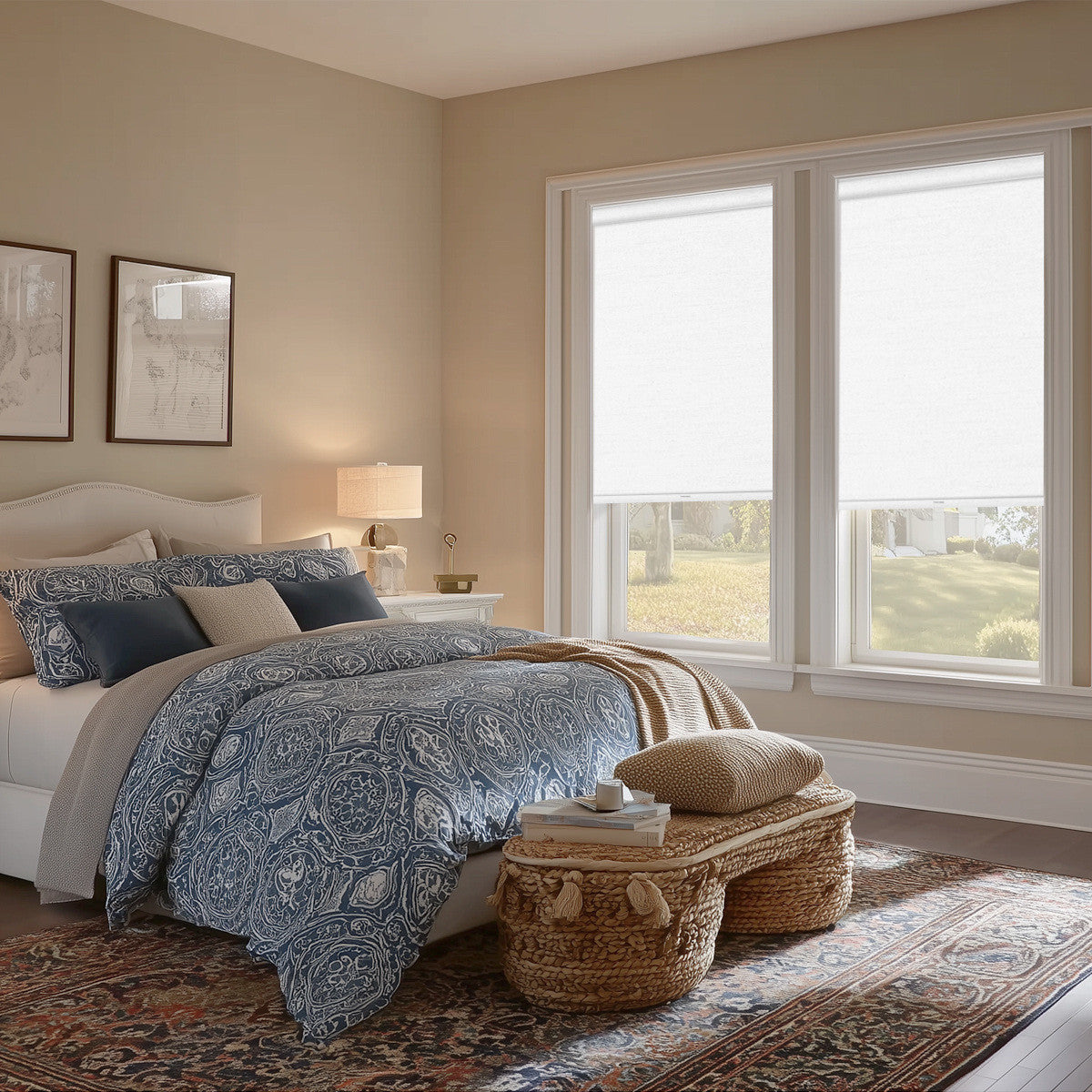 Berissa Classic Matching Colour Cordless Roller Shades in a serene bedroom with blue bedding and natural light.