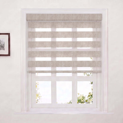 Berissa Custom No Drill Zebra Day Night  Dual Roller Blind elegantly transforming a bright window.
