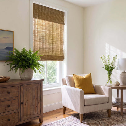 Berissa Natural Bamboo Ramie Woven No Drill No Tool Shades elegantly filter sunlight in a stylish living space.