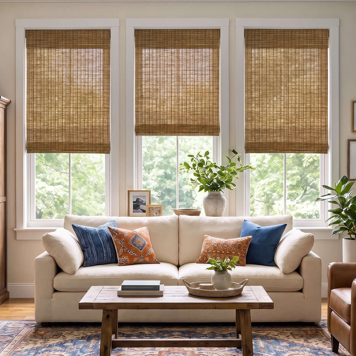 Berissa Natural Bamboo Ramie Woven No Drill No Tool Shades elegantly brightening a cozy living room.