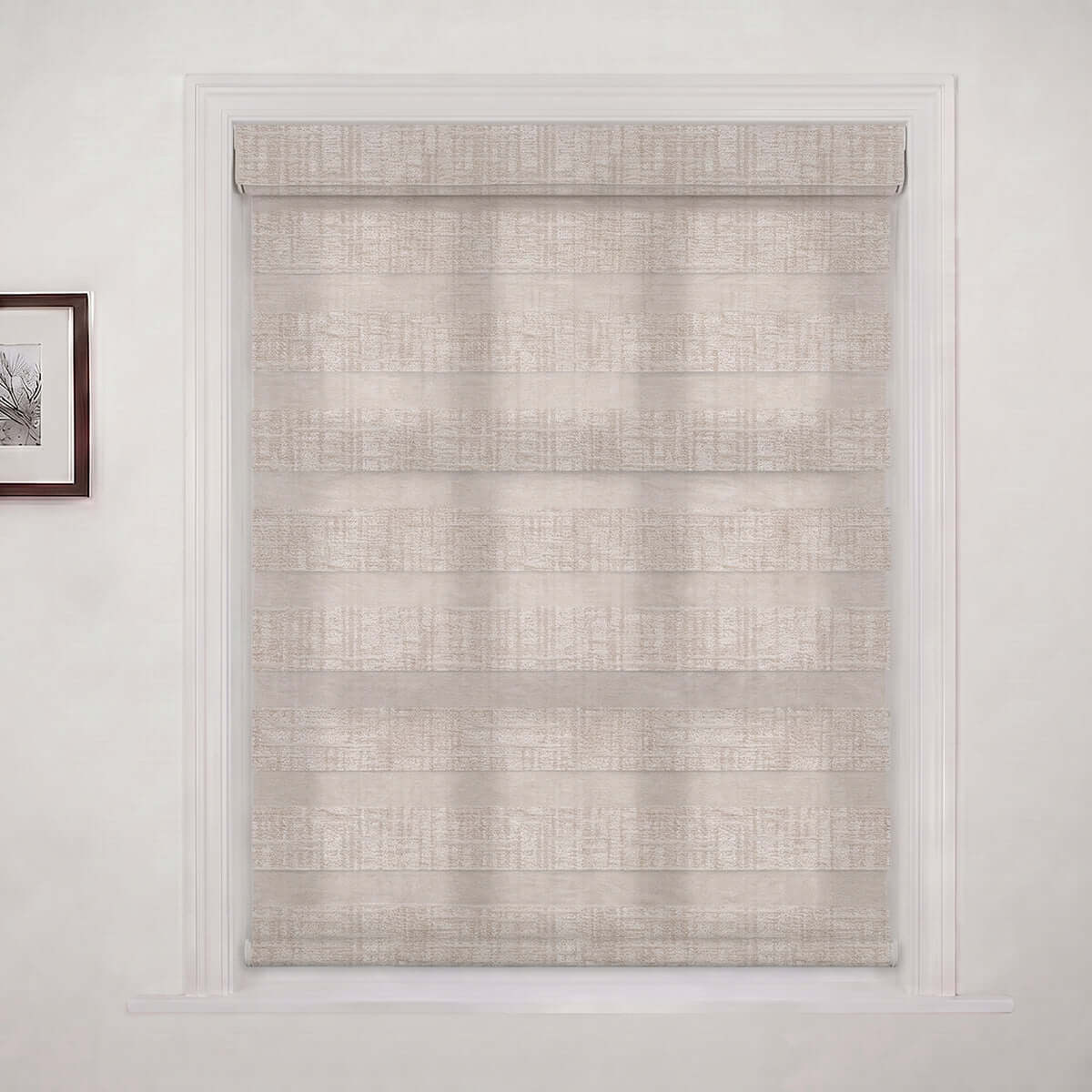 Berissa Custom No Drill Zebra Day Night Dual Roller Blind in warm tone fabric for style and light control.