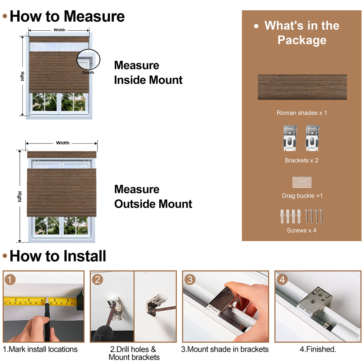 Berissa Woven Horizontal Texture Walnut Colored Roman Shade: Installation & Hardware Diagram