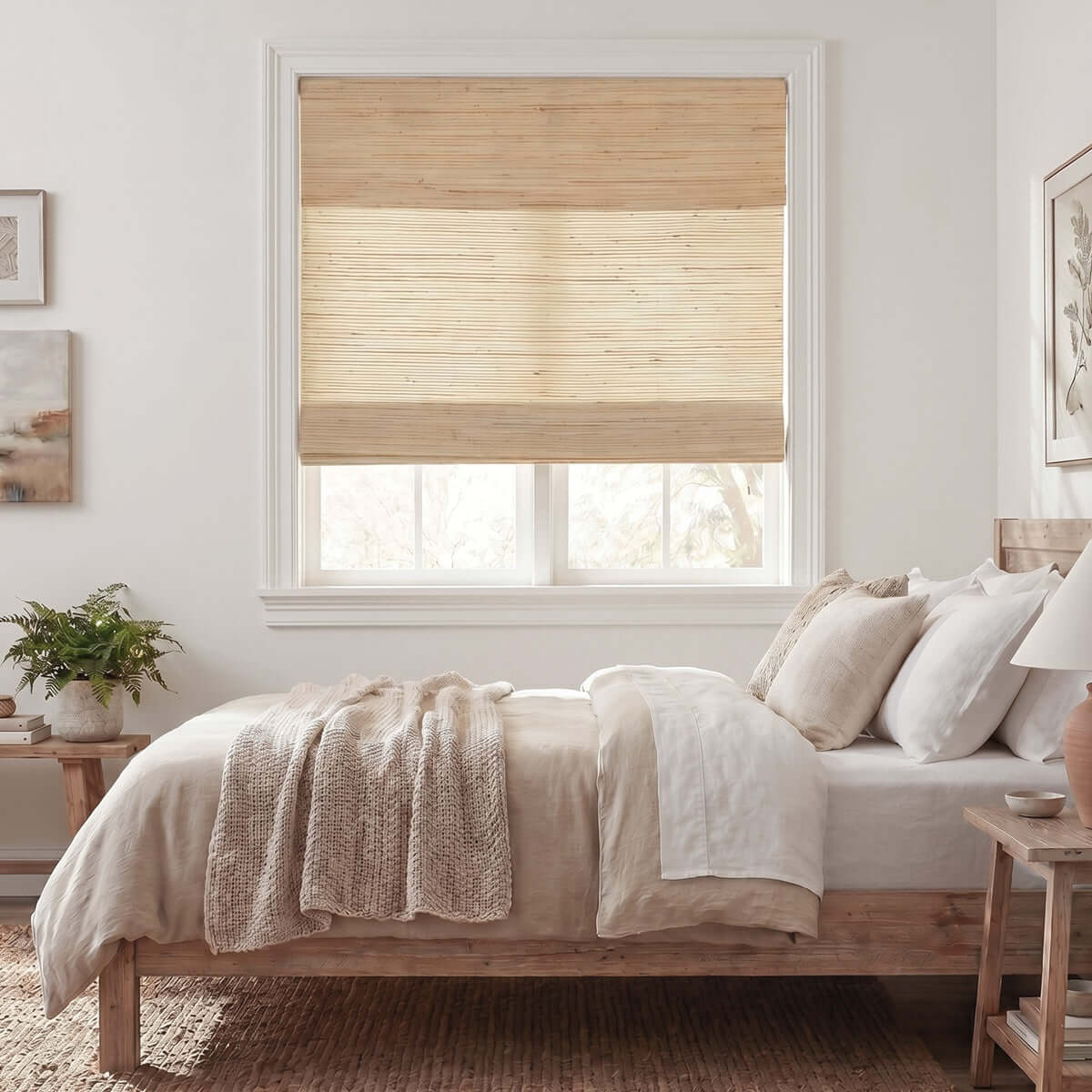 Berissa Natural Soft Glow Woven Bamboo Roman Shade in a cozy bedroom setting.