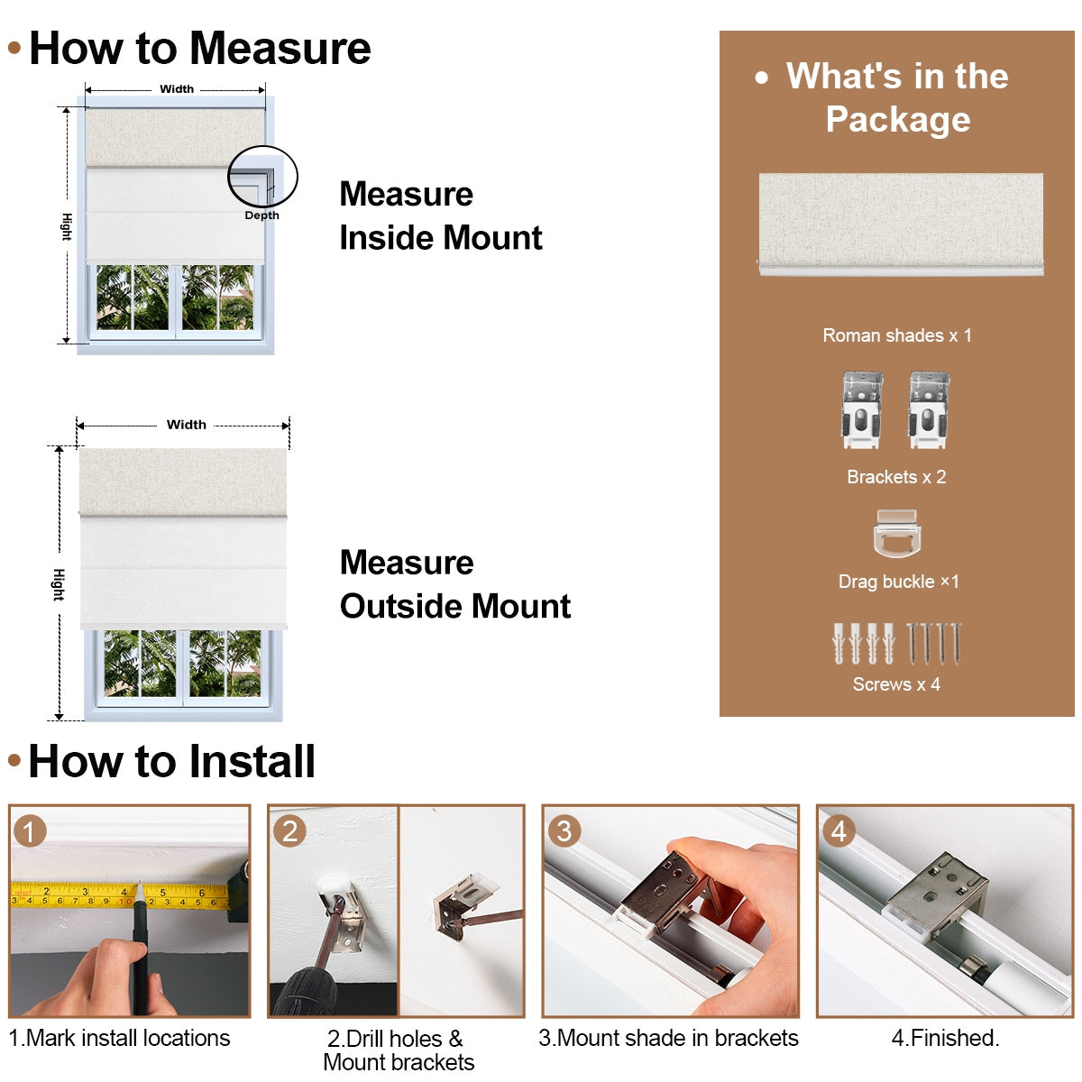 Berissa Day Night Blackout Classical Custom Roman Shades: Installation & Hardware Diagram