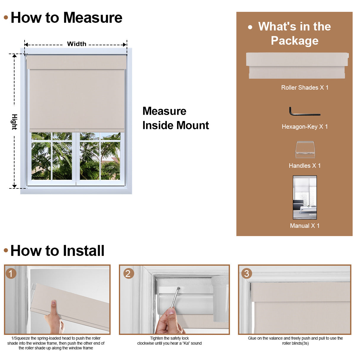 Berissa Classic No Drill Free Stop Cordless Roller Shades