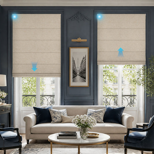 Berissa Motorized Remote Custom Textured Blackout Roman Shades