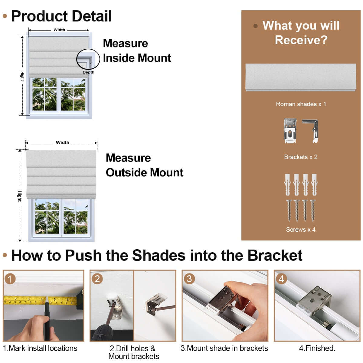Berissa Custom Blackout Soft Fold Sheer Roman Shades Cordless: Installation & Hardware Diagram