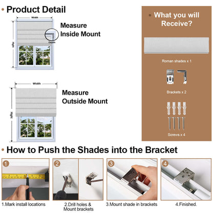 Berissa Custom Blackout Soft Fold Sheer Roman Shades Cordless: Installation & Hardware Diagram