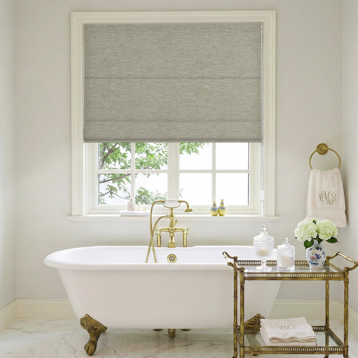 Berissa Smooth Cord Operation Blackout Linen No Drill Roman Shades in a serene bathroom setting.
