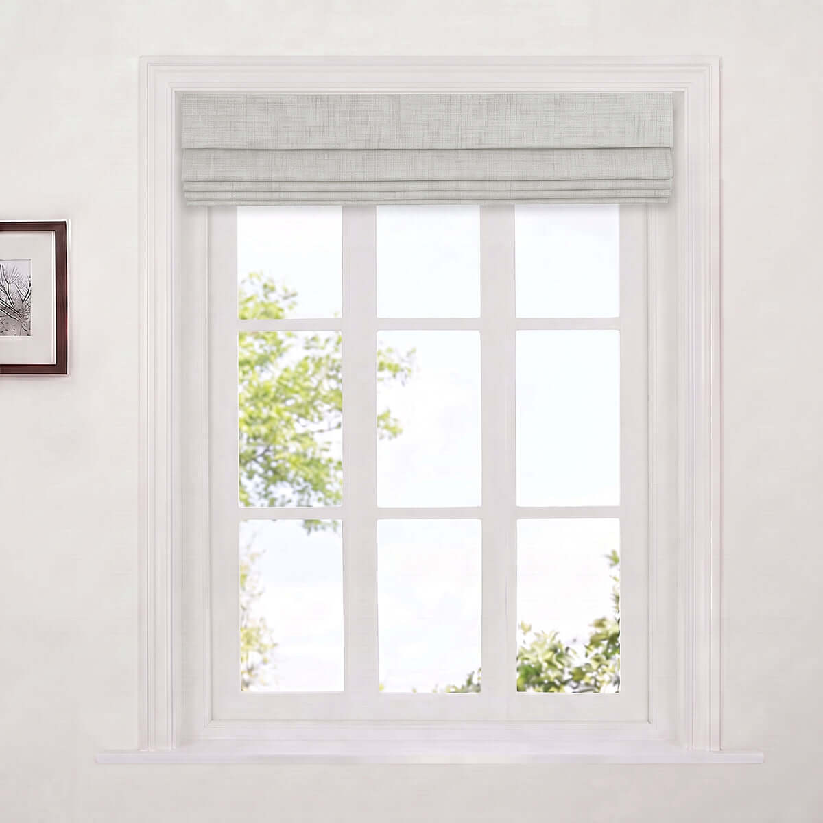 Berissa Charcoal Linen No Tool No Drill TDBU Roman Shades elegantly styled on a window for light control and privacy.
