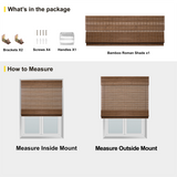 Berissa Cordless Light Filtering  Bamboo Roman Shades package contents and measuring instructions.