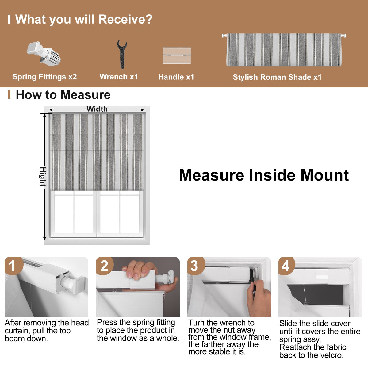 Berissa Modern No Tool Vertical Stripe Cordless Roman Shade: Installation & Hardware Diagram