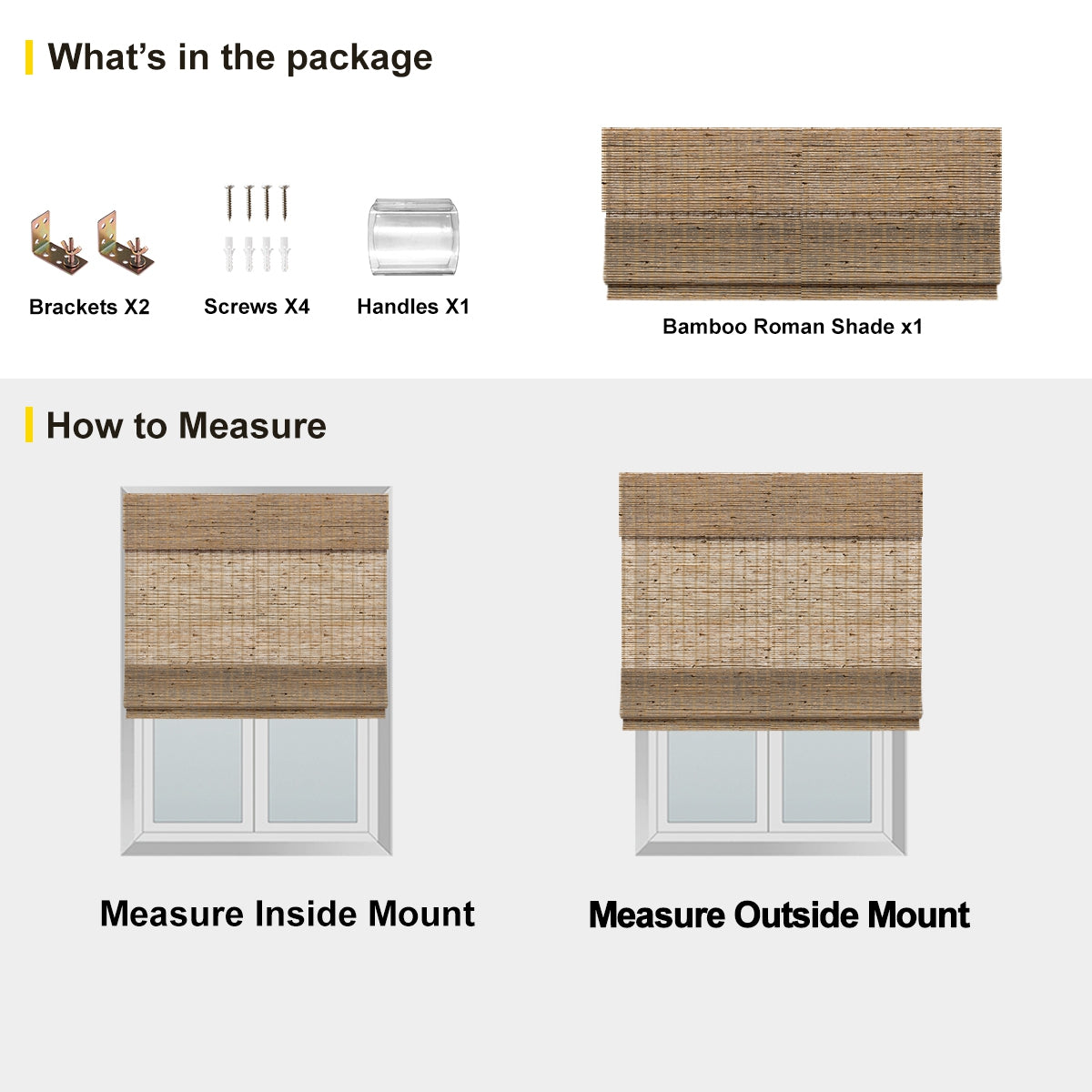 Berissa Elegant Privacy With Breathable Light Control Premium Grasscloth Window Shades packaging and measuring guide.