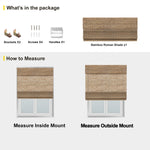 Berissa Elegant Privacy With Breathable Light Control Premium Grasscloth Window Shades packaging and measuring guide.