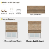 Berissa Elegant Privacy With Breathable Light Control Premium Grasscloth Window Shades packaging and measuring guide.