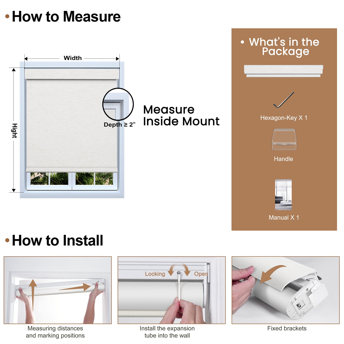 Berissa No Drill White & Warm Beige Wheat Texture Roller Blinds: Installation & Hardware Diagram