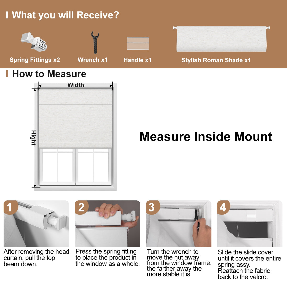 Berissa No Tool No Drill Cordless Blackout Roman Shades: Installation & Hardware Diagram