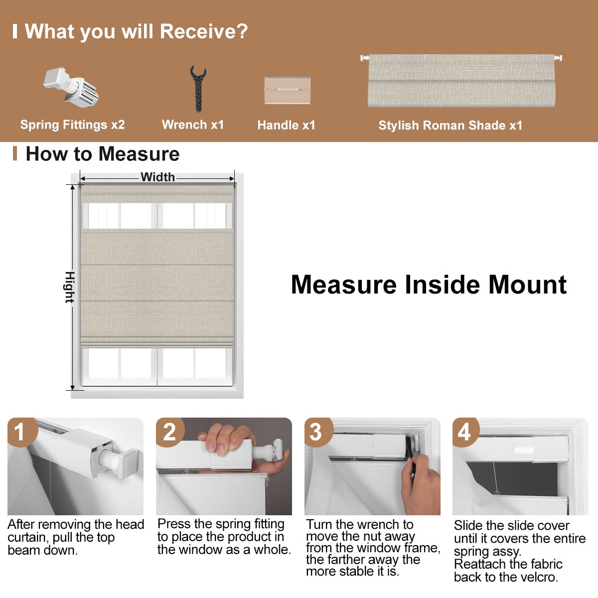 Berissa No Tool No Drill Top Down Bottom Up Roman Shades: Installation & Hardware Diagram