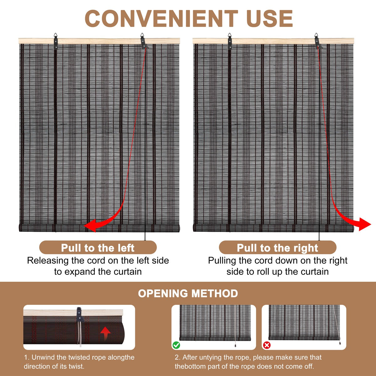 Berissa Custom Natural Outdoor Bamboo Roll Up Shades: Operation Guide Diagram