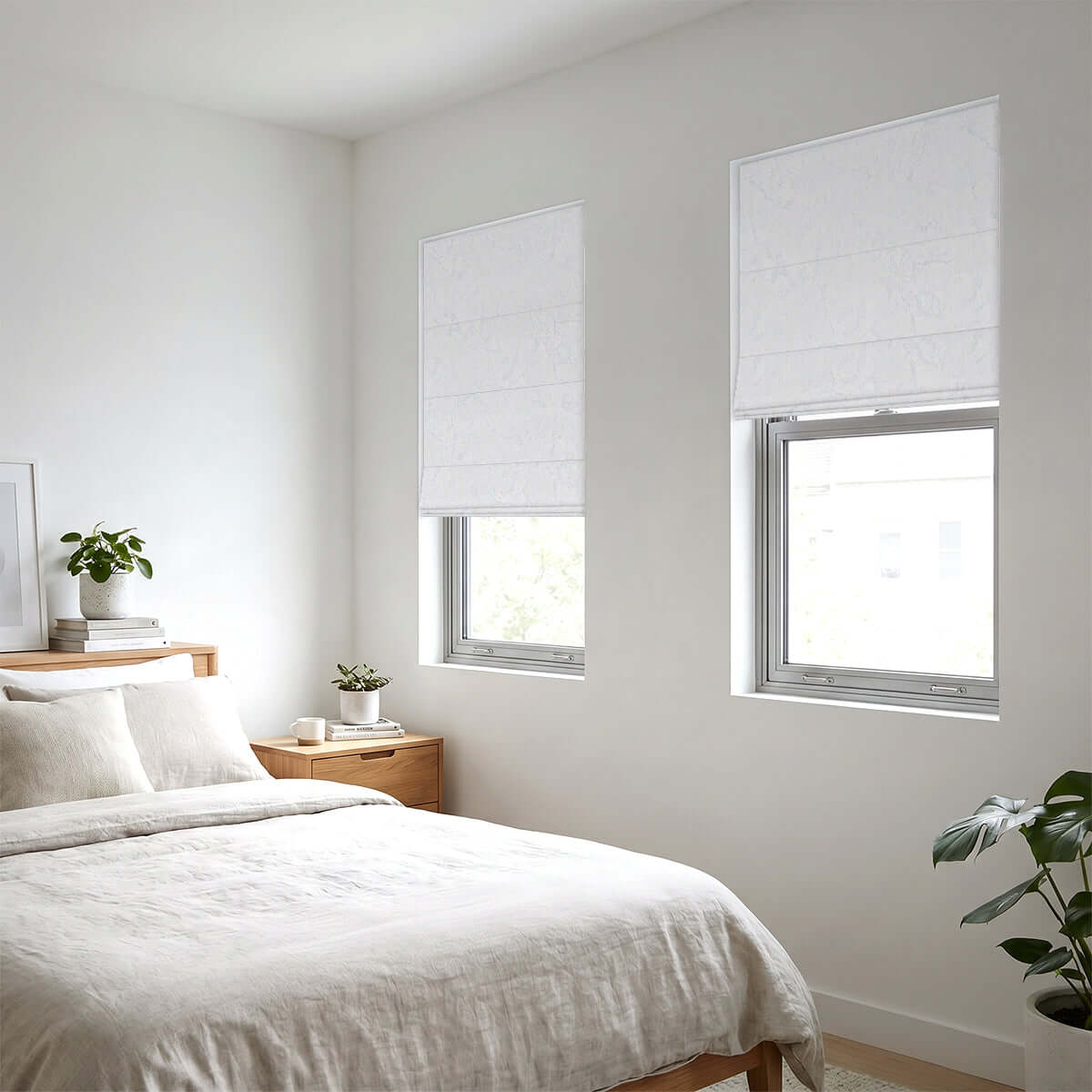 Berissa Ice Marble Texture Blackout No Tool Roman Shades in a serene bedroom setting.