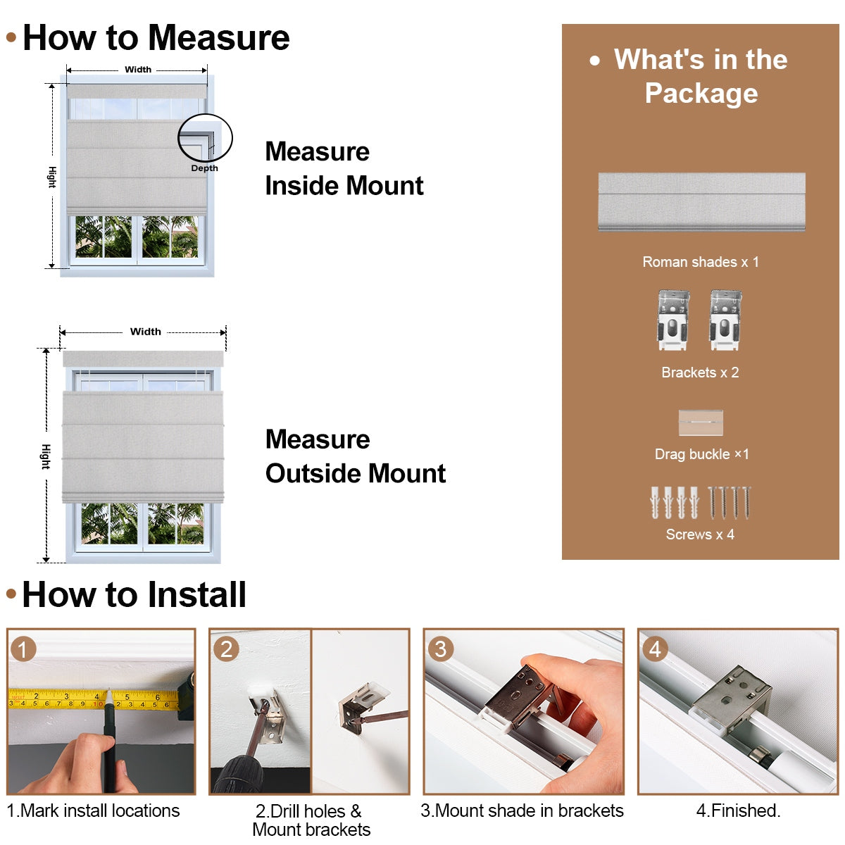 How to measure and install Berissa Custom Blackout Flat Fold Roman Top Down Bottom Up Shade Cordless with package details.