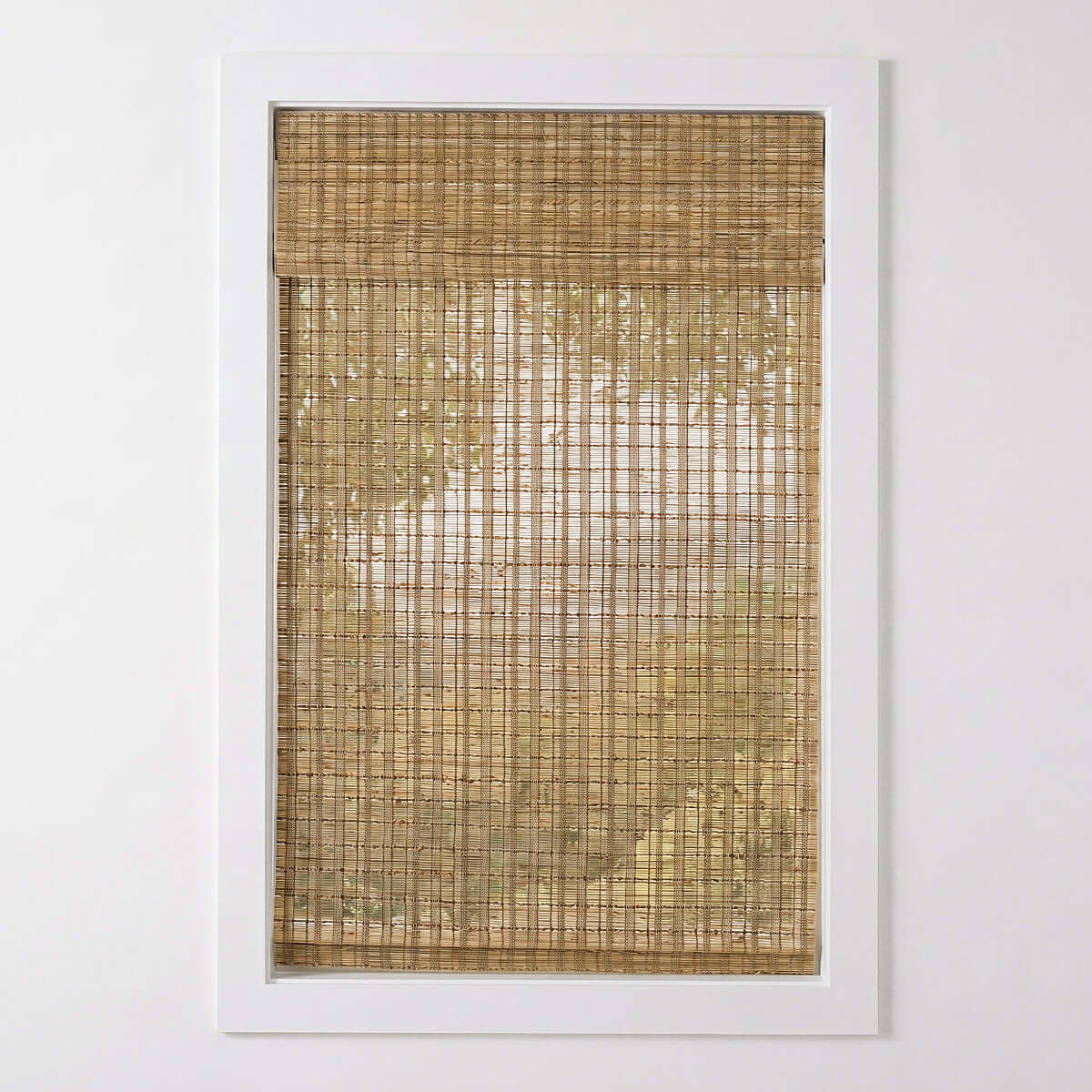 Berissa Natural Bamboo Ramie Woven No Drill No Tool Shades hanging in a window, showcasing natural textures and sunlight filtering.
