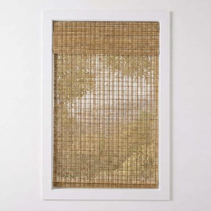 Berissa Natural Bamboo Ramie Woven No Drill No Tool Shades hanging in a window, showcasing natural textures and sunlight filtering.