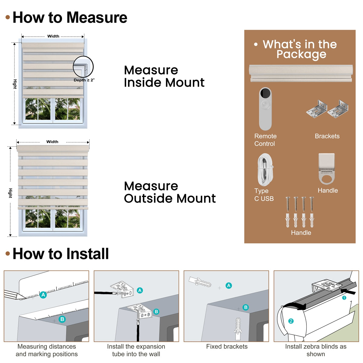 Berissa Custom Size Modern Day and Night Zebra Blinds: Installation & Hardware Diagram