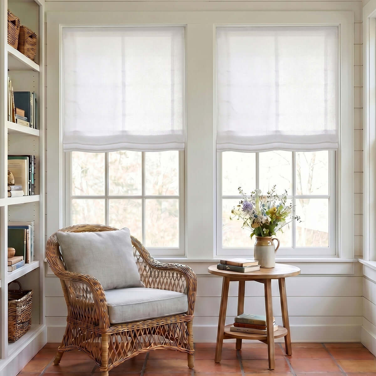 Bright room featuring Berissa No Drill No Tool Soft Cotton Custom Relaxed Roman Shade and cozy seating.