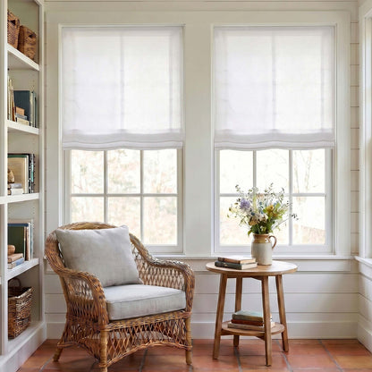 Bright room featuring Berissa No Drill No Tool Soft Cotton Custom Relaxed Roman Shade and cozy seating.