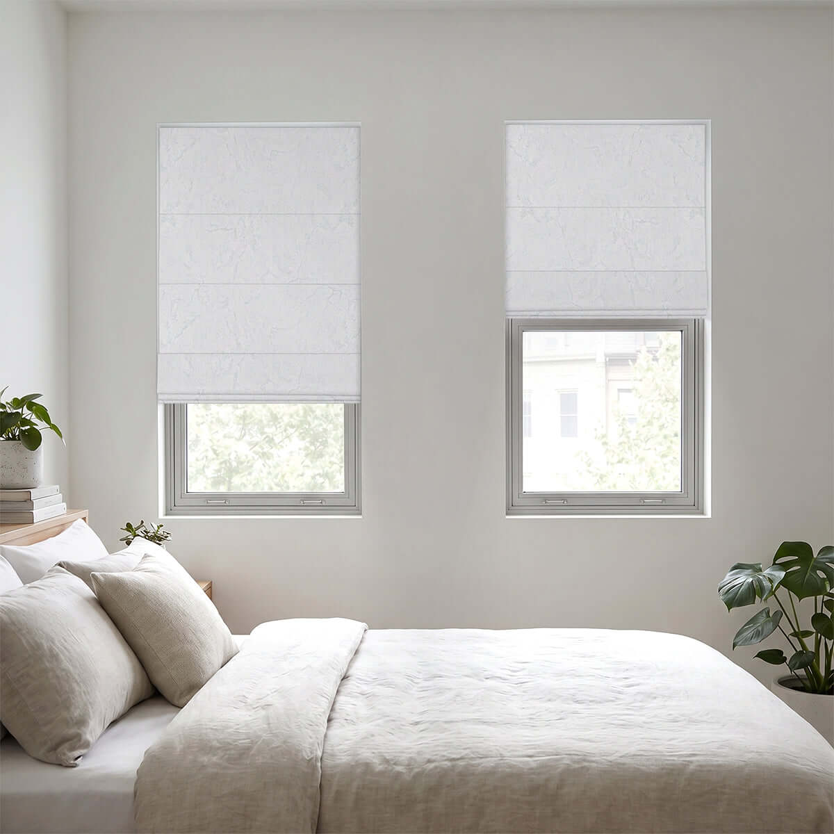 Berissa Ice Marble Texture Blackout No Tool Roman Shades in a modern bedroom setting, showcasing elegant design.