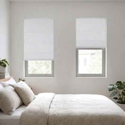 Berissa Ice Marble Texture Blackout No Tool Roman Shades in a modern bedroom setting, showcasing elegant design.