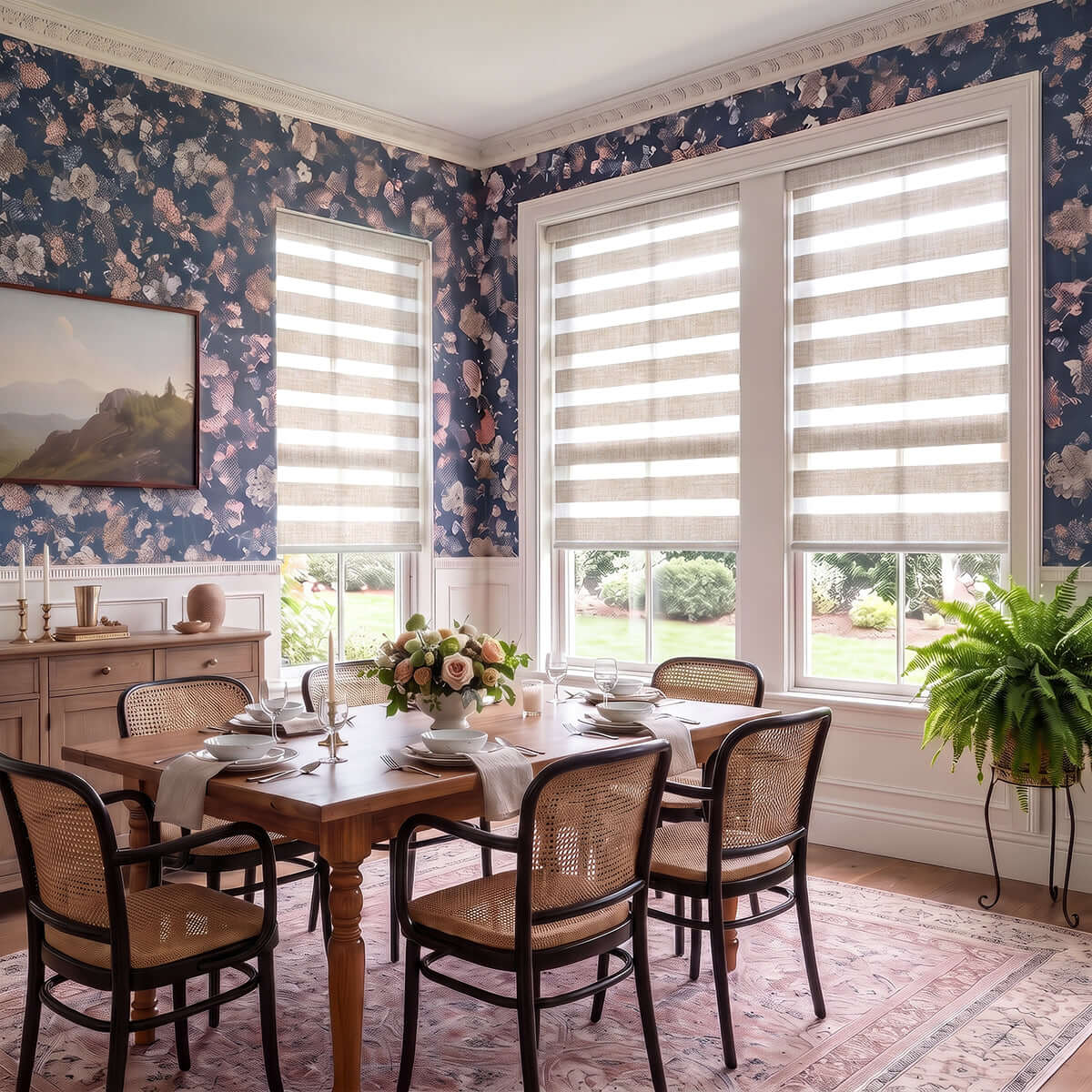 Berissa Custom No Drill Zebra Day Night Dual Roller Blind in a stylish dining room with floral wallpaper.