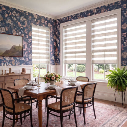Berissa Custom No Drill Zebra Day Night Dual Roller Blind in a stylish dining room with floral wallpaper.