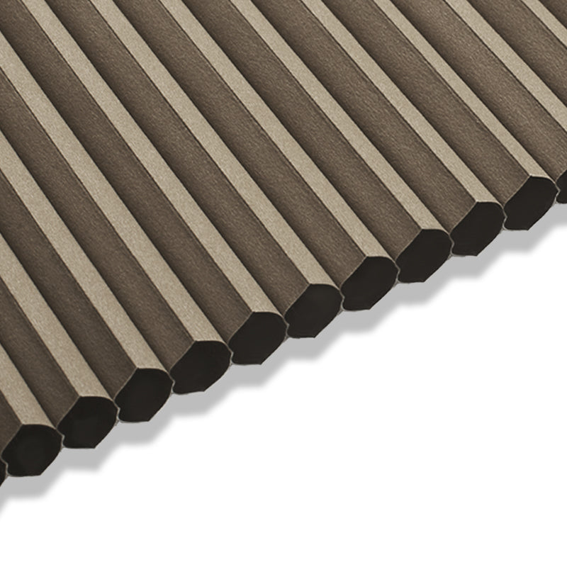 Berissa Classic Thermal Cordless Cellular Shades Noise Reduction close-up with honeycomb structure in brown color.