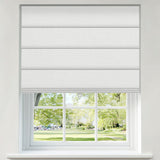 Berissa Custom Textured Blackout No Drill Quick installation Roman Shades installed in a window overlooking greenery.