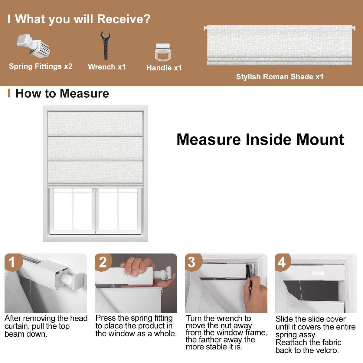 Berissa Custom Textured Blackout No Drill Quick installation Roman Shades measuring instructions and components.