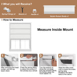 Berissa Custom Textured Blackout No Drill Quick installation Roman Shades measuring instructions and components.