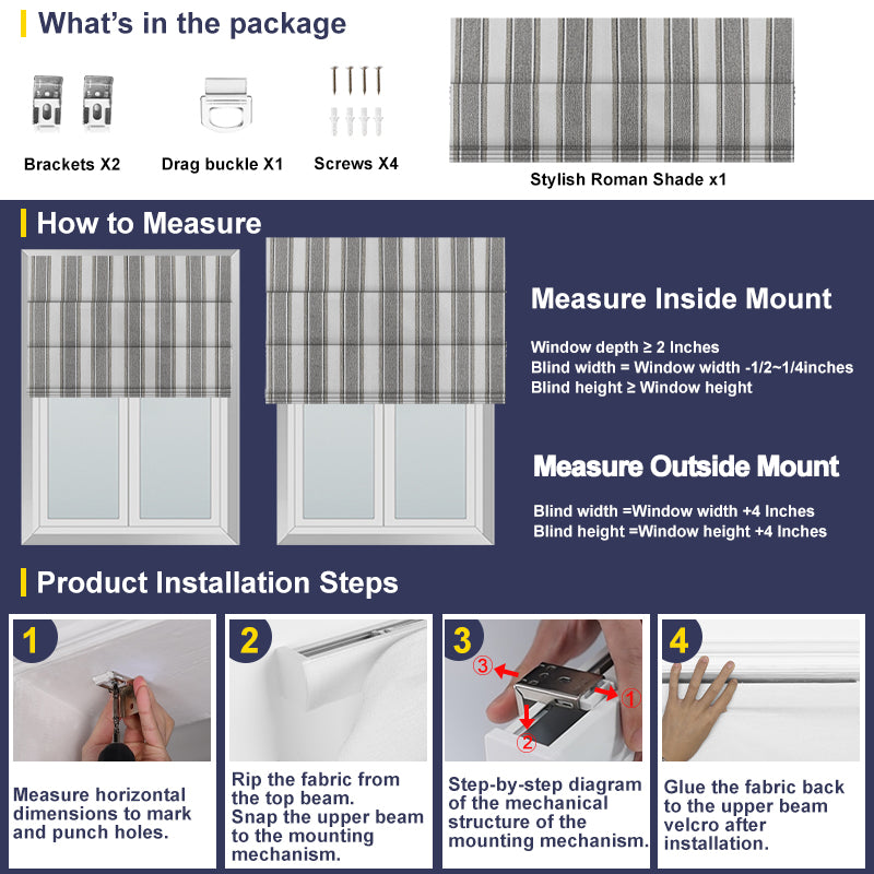 Berissa Square Series Extra Wide Roman Shade Cordless Child Safe installation guide and measurement instructions.