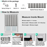Berissa Candy Square Stripe Custom Roman Shades measuring guide with spring fittings and tools included.