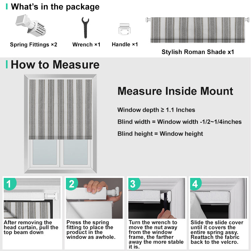 Berissa Candy Square Stripe Custom Roman Shades measuring guide with spring fittings and tools included.