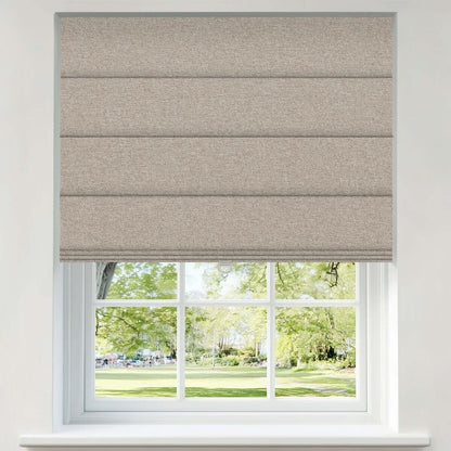 Berissa Vintage Style No-Drill Soft Multiple Colors Roman Shades installed on a window with a view of a park.
