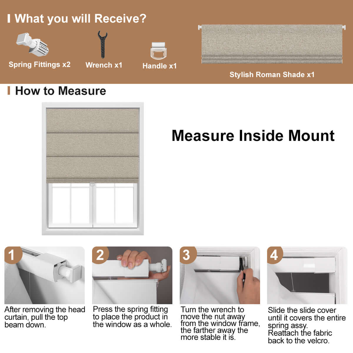 Berissa Vintage Style No-Drill Soft Multiple Colors Roman Shades installation guide and measuring instructions