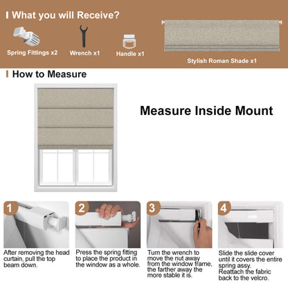 Berissa Vintage Style No-Drill Soft Multiple Colors Roman Shades installation guide and measuring instructions