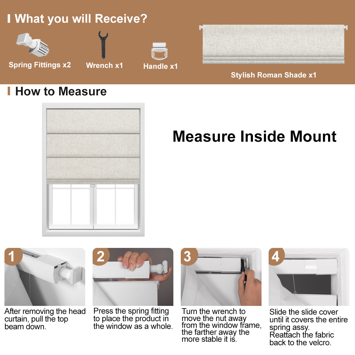 Berissa Obscura & Lumé Linen No Drill Custom Design Roman Shades installation guide and measuring instructions